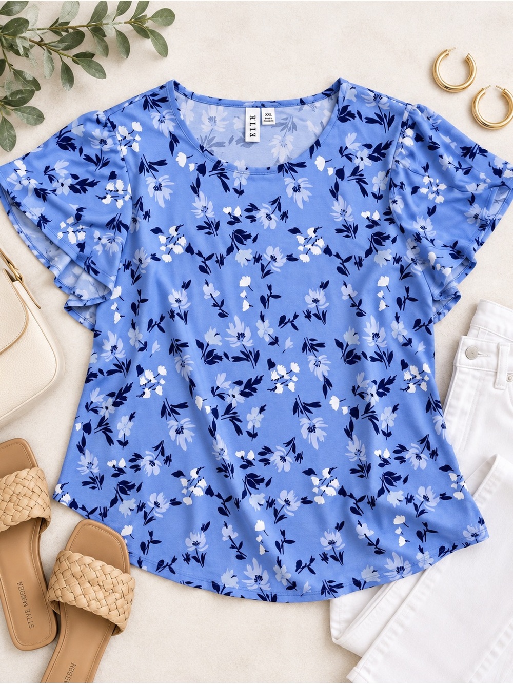 Elle XXL Blue Floral Flutter Sleeve Stretch Blouse Plus Size